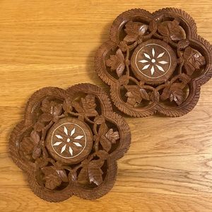 Two small wooden trivets brown wood white stars, decorative very nice condition